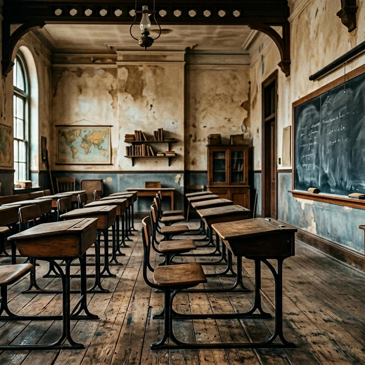 Aula de clase antigua con pizarrón, metáfora de educación obsoleta